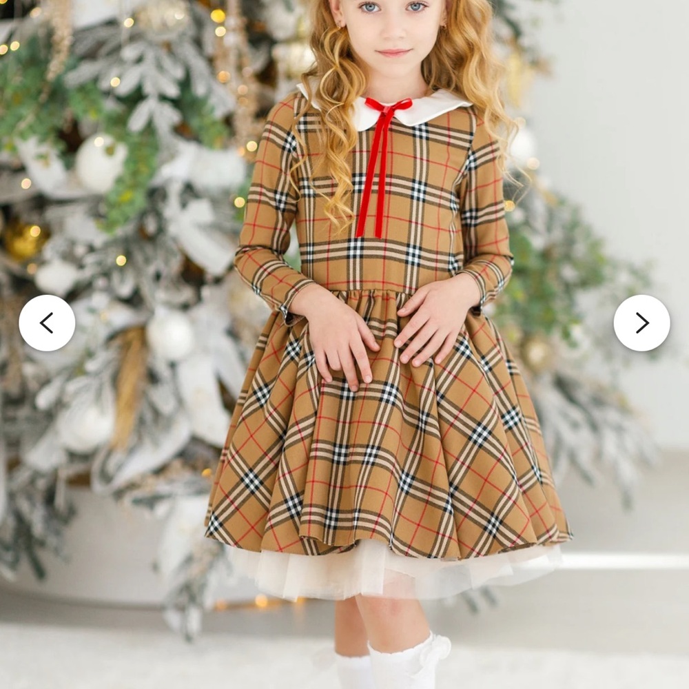 Plaid Long Sleeve Dress with Red Bow